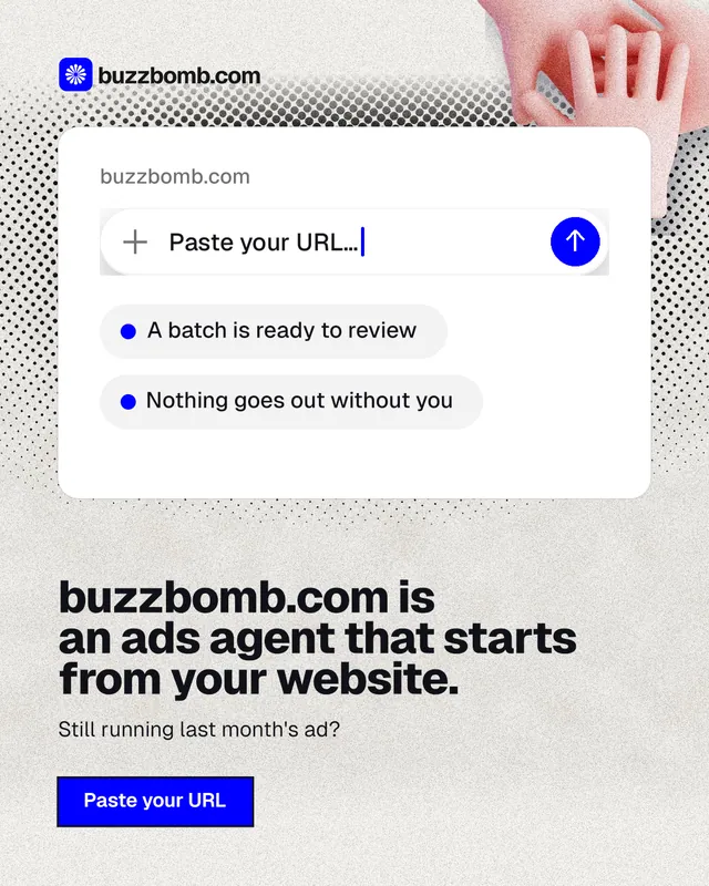 Instagram portrait post for BuzzBomb: "buzzbomb.com is an ads agent that starts from your website." Ink sticker style, bottom layout, light palette in white, grey.