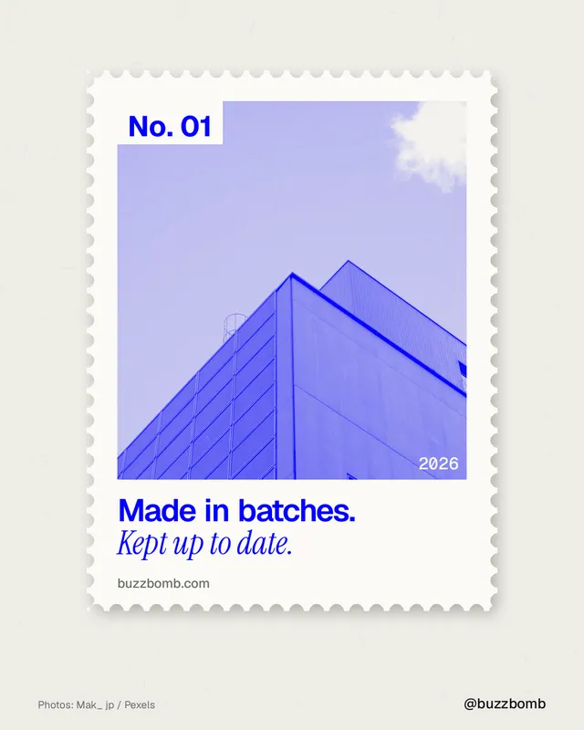 Instagram portrait post for BuzzBomb: "Made in batches. Kept up to date." Single style, technique:stamp series layout, light palette in yellow, blue, white.