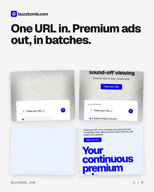 Carousel for BuzzBomb: "One URL in. Premium ads out, in batches.". Collection carousel, 8 slides, light palette.