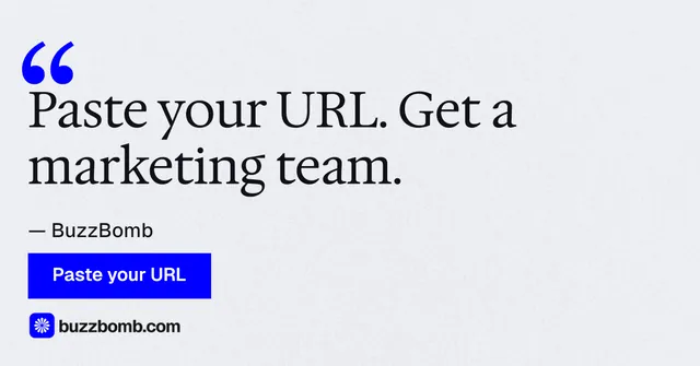 Social ad for BuzzBomb: "Paste your URL. Get a marketing team." Swiss style, quote layout, light palette in white, blue.