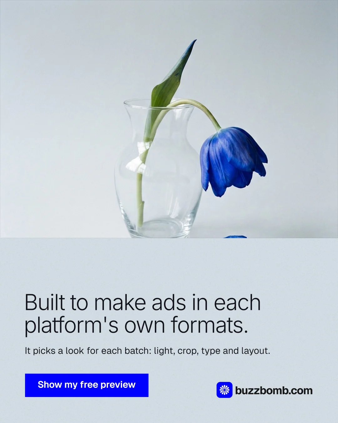 Instagram portrait post for BuzzBomb: "Built to make ads in each platform's own formats." Swiss style, bottom layout, light palette in white, blue.