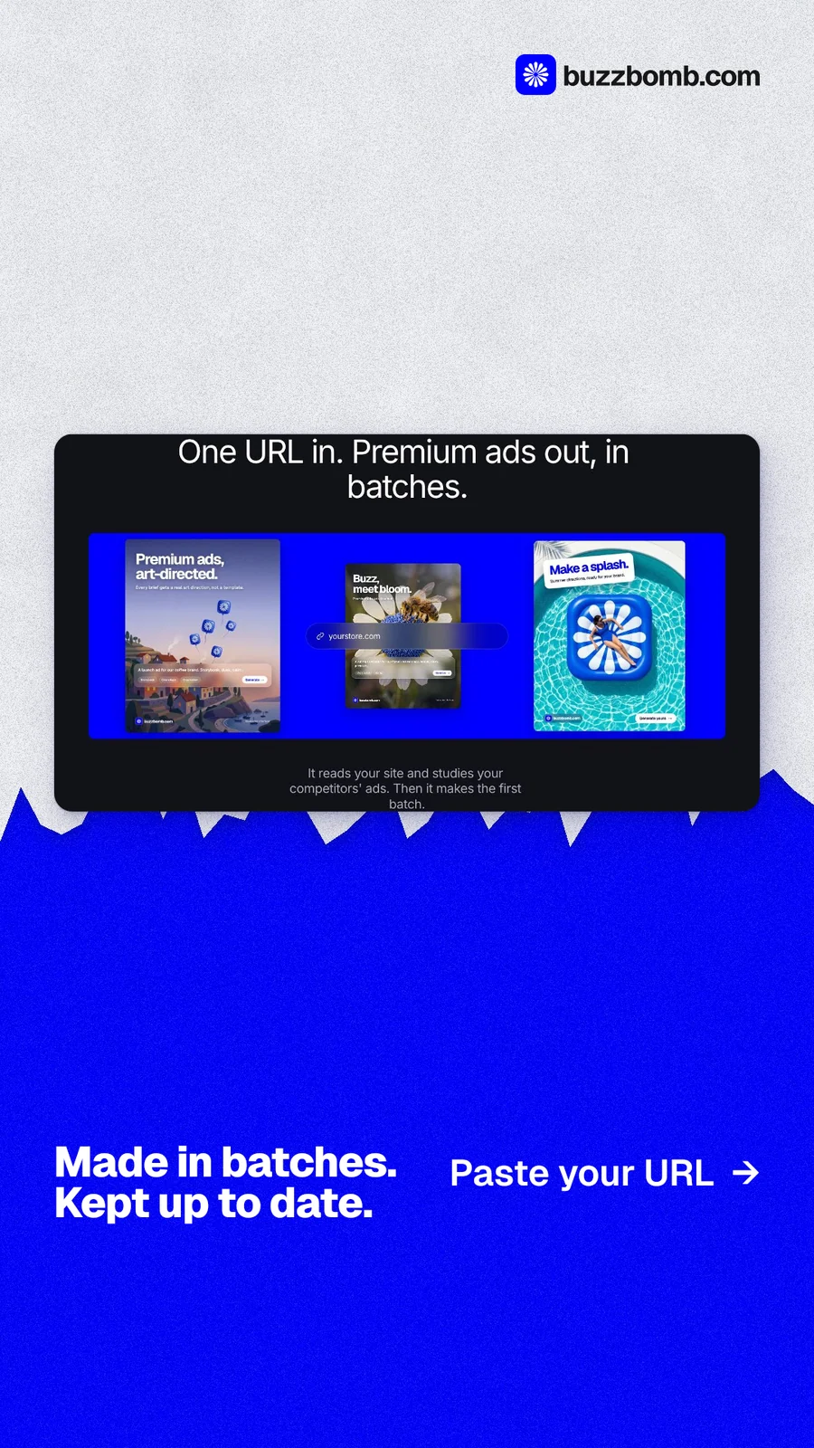 Instagram story for BuzzBomb: "Made in batches. Kept up to date." Paper trio style, image led layout, dark palette in blue, white.