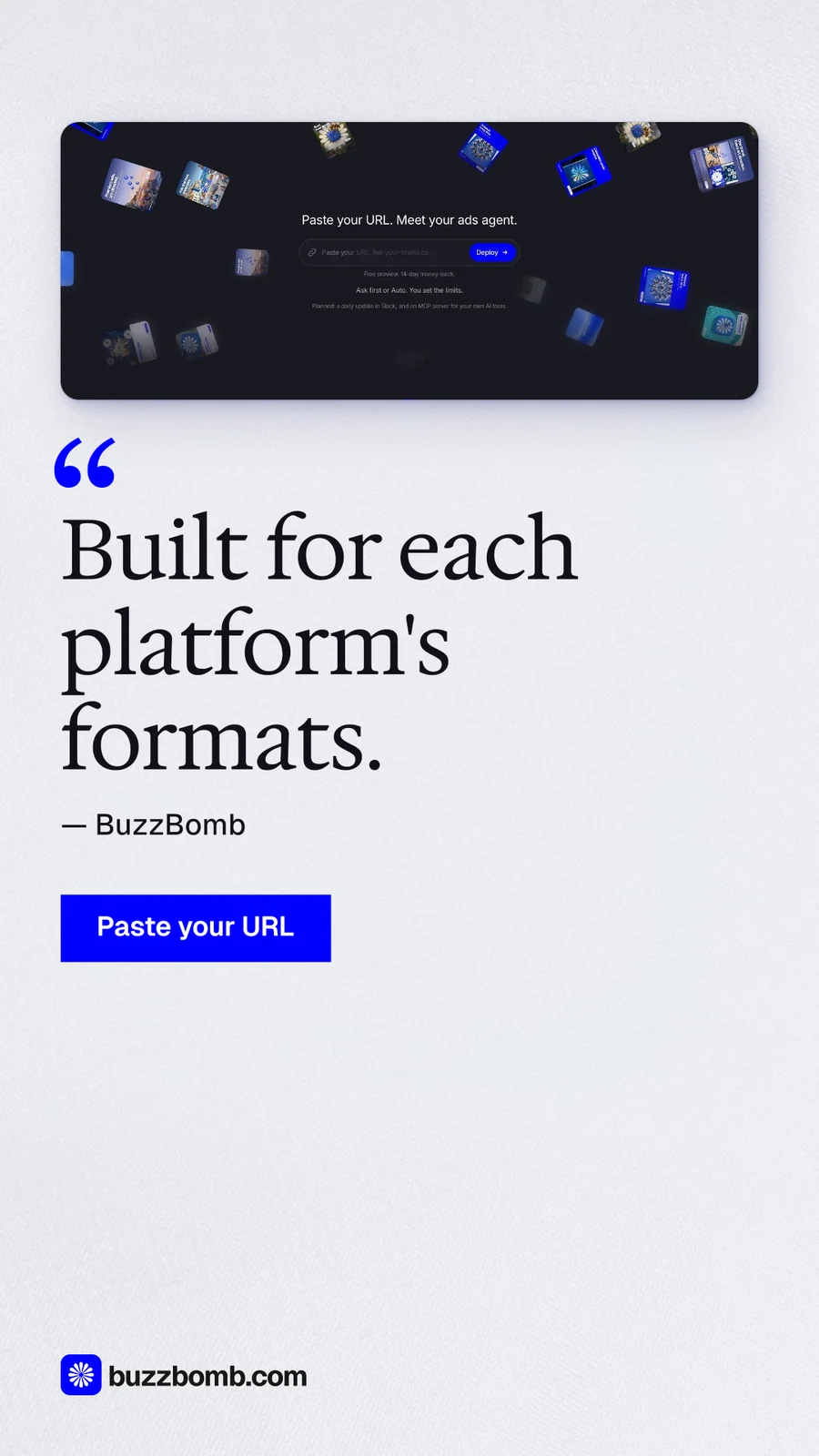Instagram story for BuzzBomb: "Built for each platform's formats." Swiss style, quote layout, light palette in white, grey.