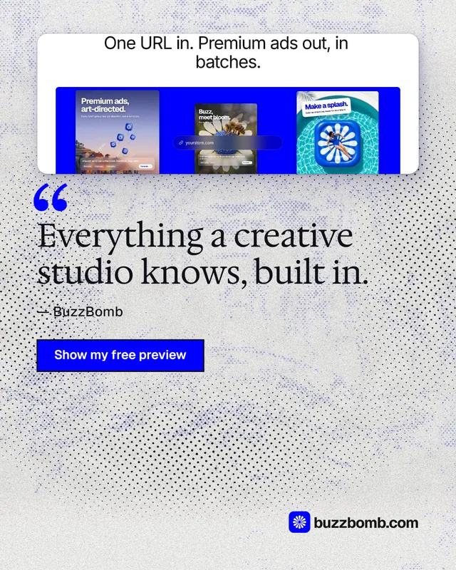 Instagram portrait post for BuzzBomb: "Everything a creative studio knows, built in." Ink sticker style, quote layout, light palette in white, blue.