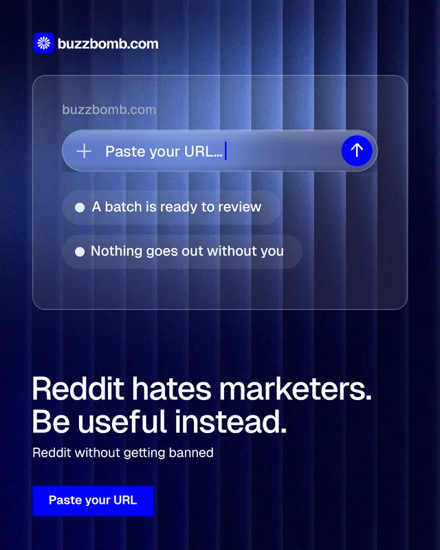 Instagram portrait post for BuzzBomb: "Reddit hates marketers. Be useful instead." Swiss style, bottom layout, dark palette in black, blue.