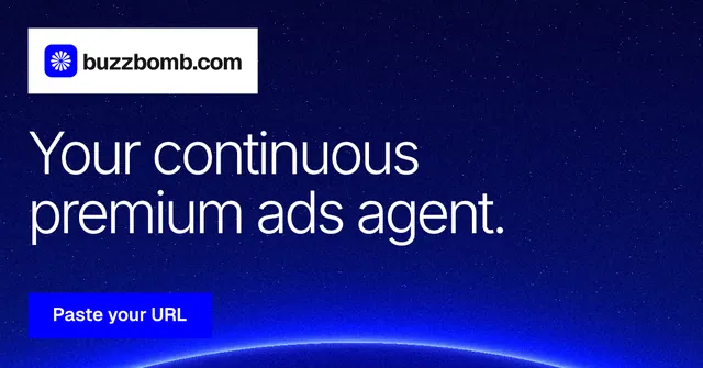 Social ad for BuzzBomb: "Your continuous premium ads agent." Swiss style, announce layout, dark palette in blue.