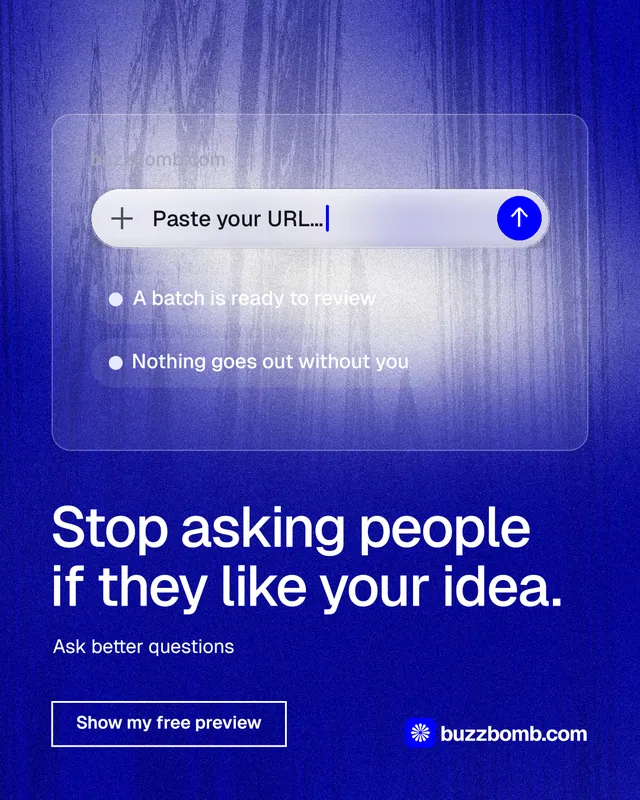 Instagram portrait post for BuzzBomb: "Stop asking people if they like your idea." Cyanotype style, bottom layout, dark palette in blue.