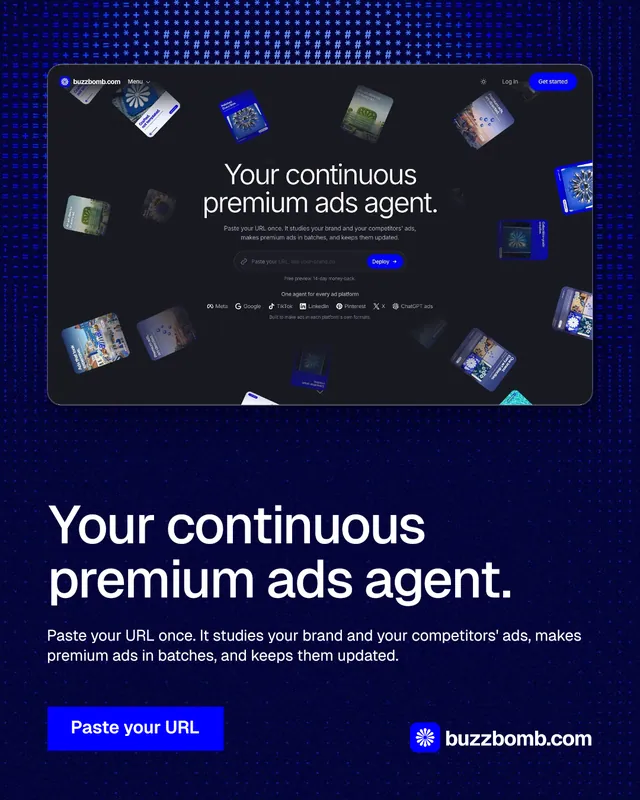 Instagram portrait post for BuzzBomb: "Your continuous premium ads agent." Swiss style, bottom layout, dark palette in blue, black.