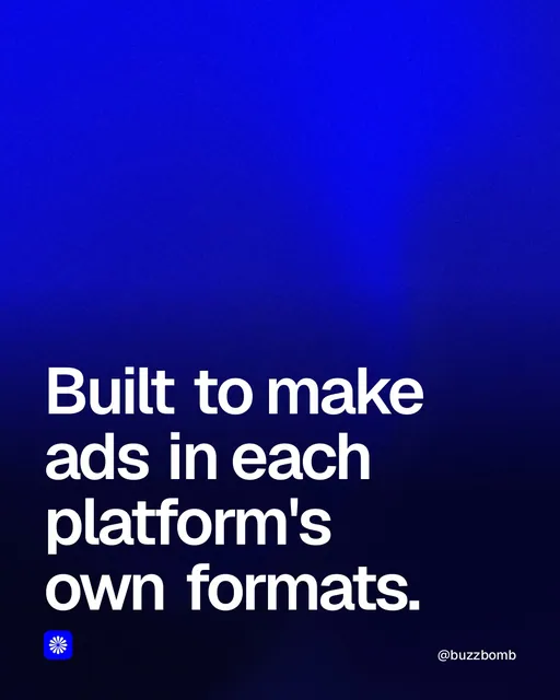 Video for BuzzBomb: "Built to make ads in each platform's own formats.". Shader loop, 6.0 s, dark palette.
