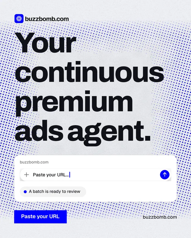 Instagram portrait post for BuzzBomb: "Your continuous premium ads agent." Swiss style, poster layout, light palette in blue, white, grey.