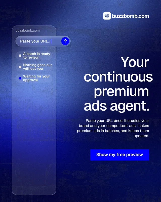 Instagram portrait post for BuzzBomb: "Your continuous premium ads agent." Swiss style, right layout, dark palette in blue.