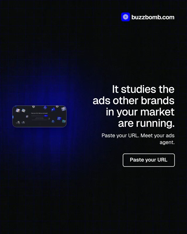 Instagram portrait post for BuzzBomb: "It studies the ads other brands in your market are running." Phosphor atlas style, right layout, dark palette in black.