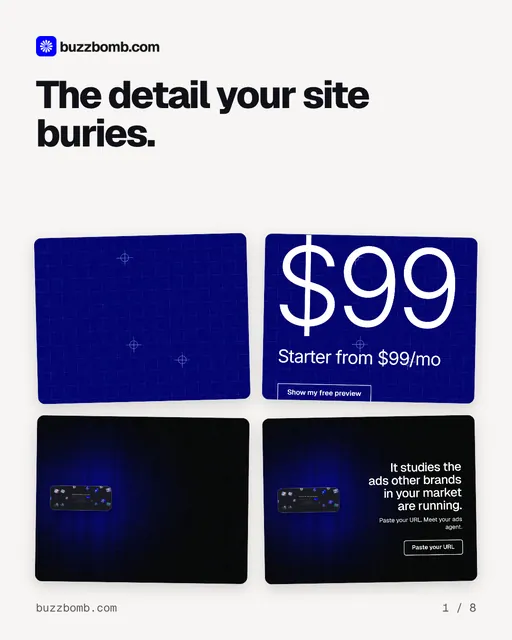 Carousel for BuzzBomb: "The detail your site buries.". Collection carousel, 8 slides, light palette.