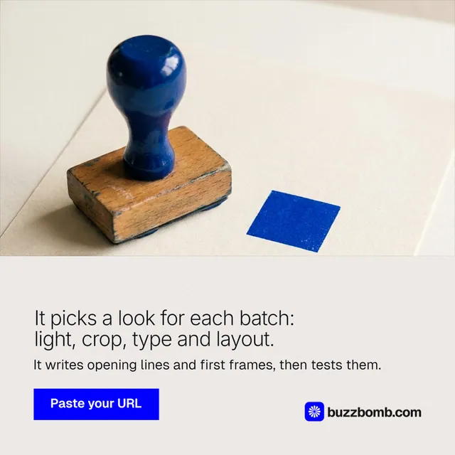 Instagram post for BuzzBomb: "It picks a look for each batch: light, crop, type and layout." Swiss style, bottom layout, light palette in orange, grey.