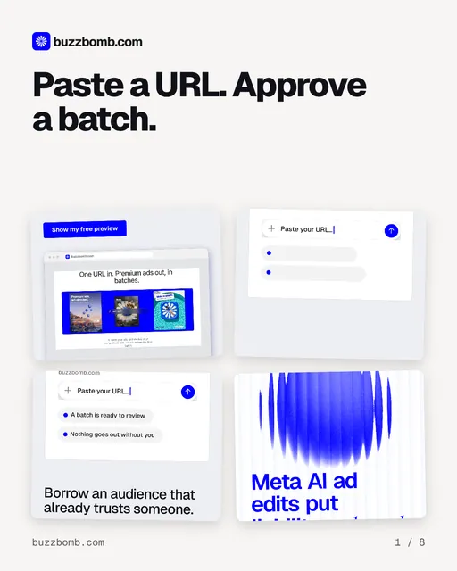 Carousel for BuzzBomb: "Paste a URL. Approve a batch.". Collection carousel, 8 slides, light palette.
