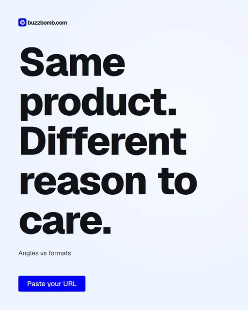 Video for BuzzBomb: "Same product. Different reason to care.". Doc motion loop, 8.0 s, light palette.