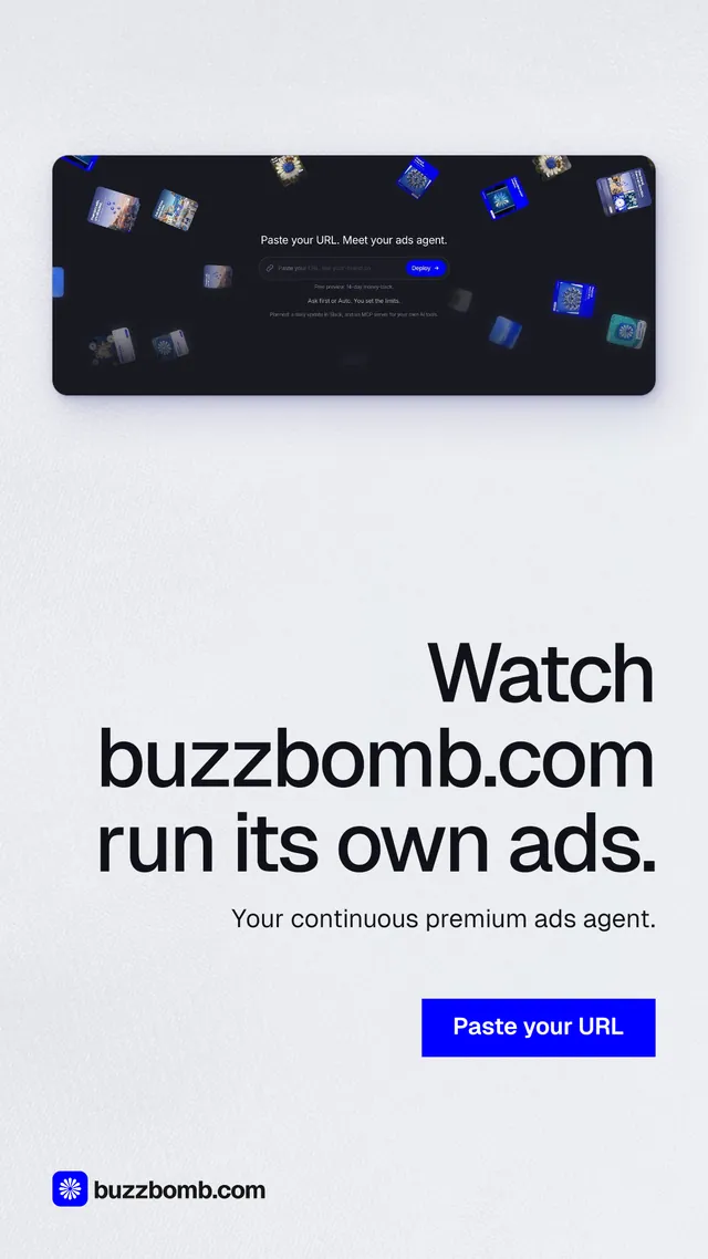Instagram story for BuzzBomb: "Watch buzzbomb.com run its own ads." Swiss style, right layout, light palette in white, grey.