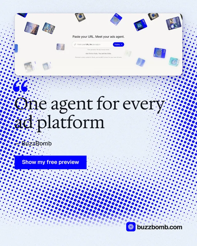 Instagram portrait post for BuzzBomb: "One agent for every ad platform". Swiss style, quote layout, light palette in blue, white.