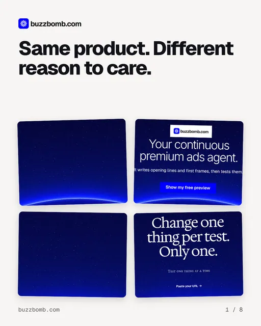 Carousel for BuzzBomb: "Same product. Different reason to care.". Collection carousel, 8 slides, light palette.