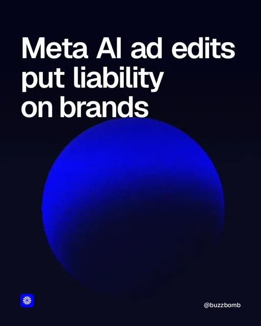 Video for BuzzBomb: "Meta AI ad edits put liability on brands". Shader loop, 6.0 s, dark palette.