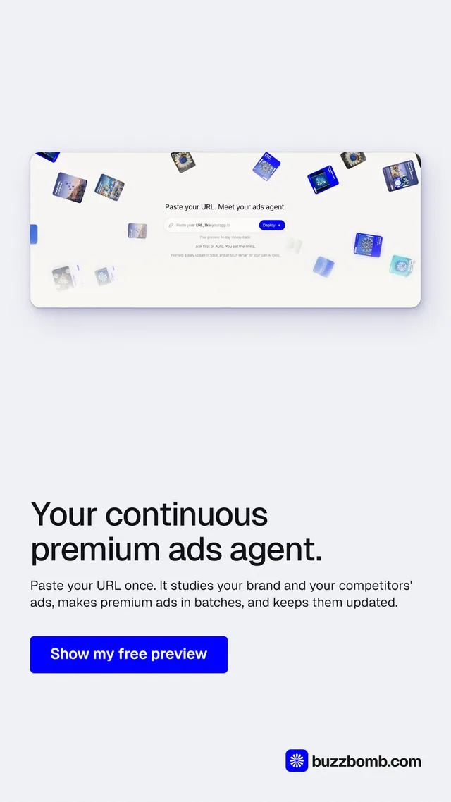 Instagram story for BuzzBomb: "Your continuous premium ads agent." Data card style, bottom layout, light palette in white, blue.