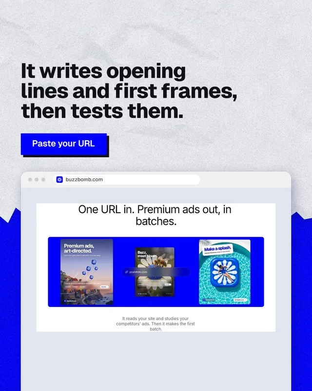 Instagram portrait post for BuzzBomb: "It writes opening lines and first frames, then tests them." Paper trio style, browser layout, light palette in white, blue.