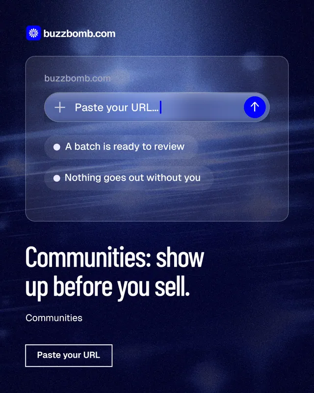 Instagram portrait post for BuzzBomb: "Communities: show up before you sell." Dark deco style, bottom layout, dark palette in blue, black.