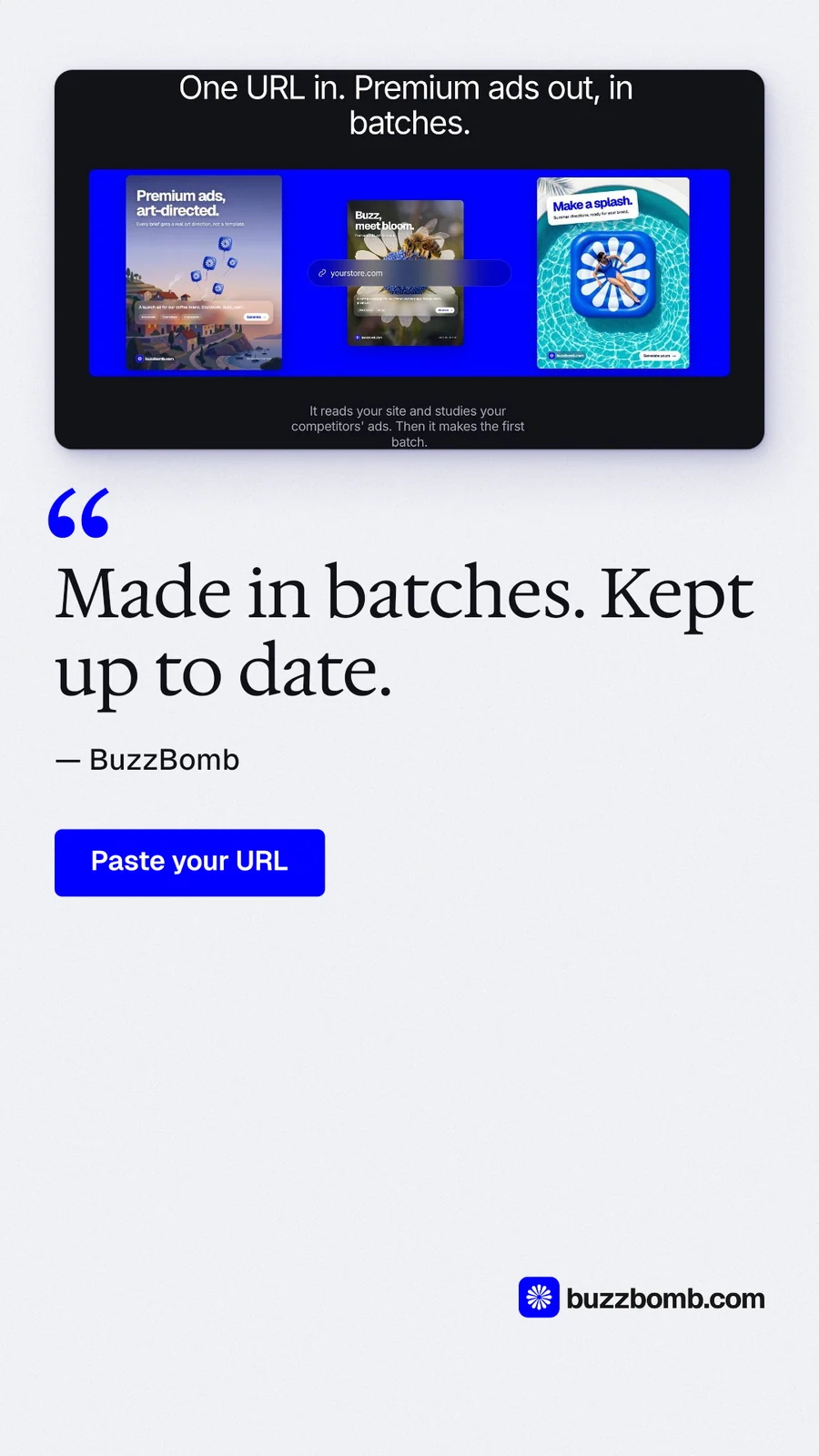 Instagram story for BuzzBomb: "Made in batches. Kept up to date." Data card style, quote layout, light palette in white, blue.