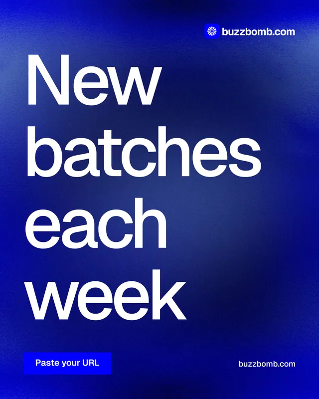 Instagram portrait post for BuzzBomb: "New batches each week". Swiss style, poster layout, dark palette in blue.