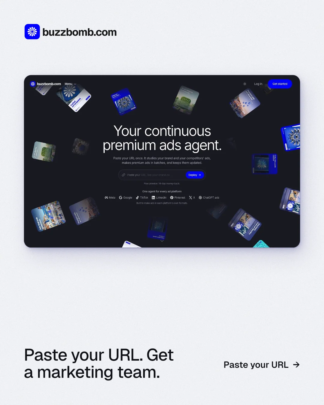 Instagram portrait post for BuzzBomb: "Paste your URL. Get a marketing team." Swiss style, image led layout, light palette in white, black, grey.