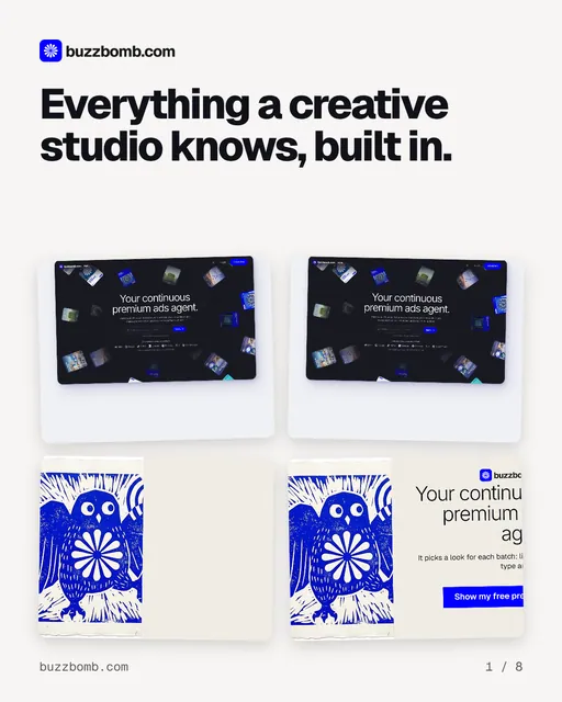 Carousel for BuzzBomb: "Everything a creative studio knows, built in.". Collection carousel, 8 slides, light palette.