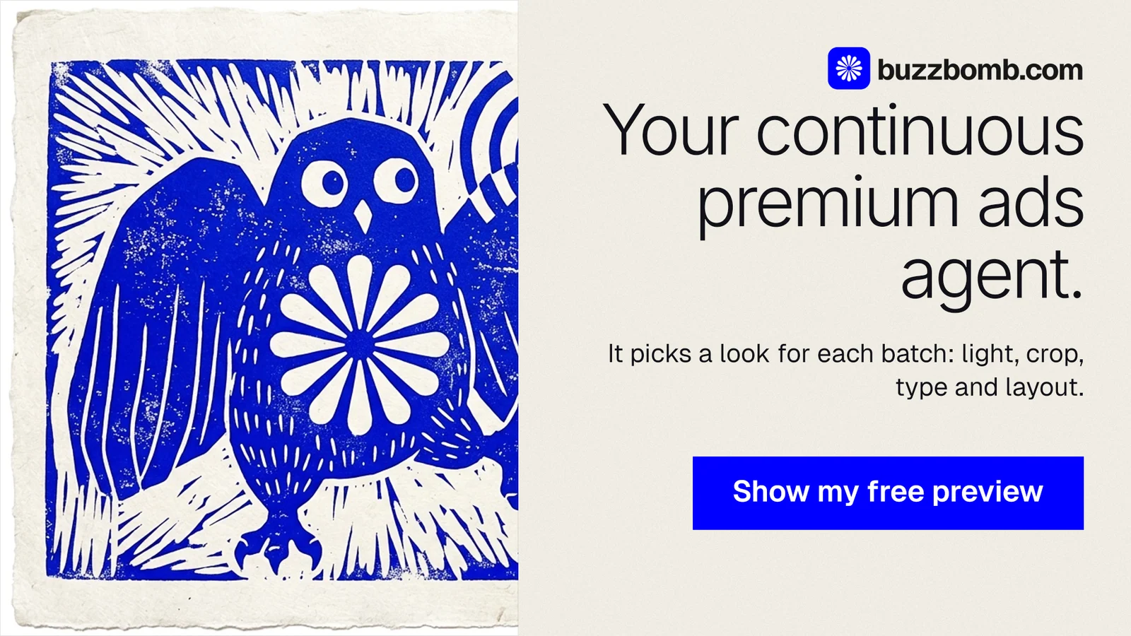 Landscape graphic for BuzzBomb: "Your continuous premium ads agent." Swiss style, right layout, light palette in yellow, blue, grey.