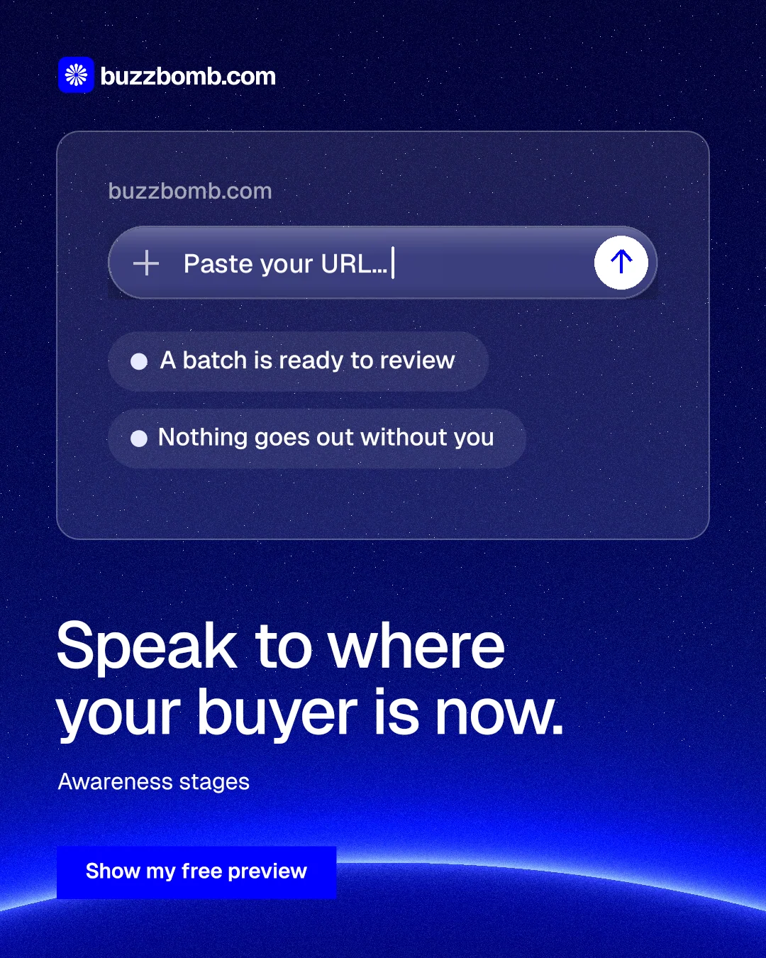Instagram portrait post for BuzzBomb: "Speak to where your buyer is now." Swiss style, bottom layout, dark palette in blue.