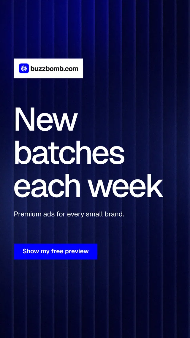Instagram story for BuzzBomb: "New batches each week". Swiss style, announce layout, dark palette in blue, black, grey.