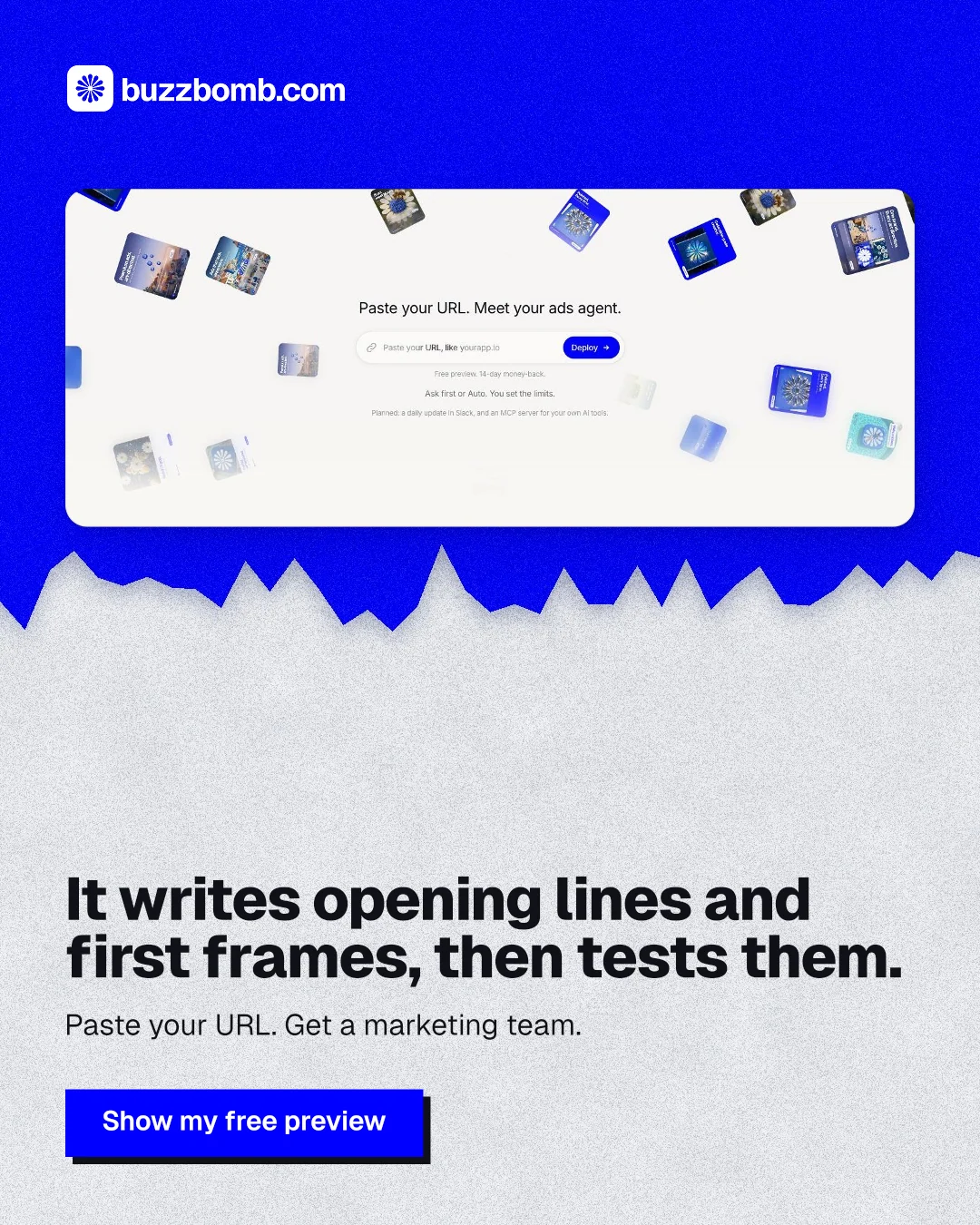 Instagram portrait post for BuzzBomb: "It writes opening lines and first frames, then tests them." Paper trio style, bottom layout, light palette in white, blue.