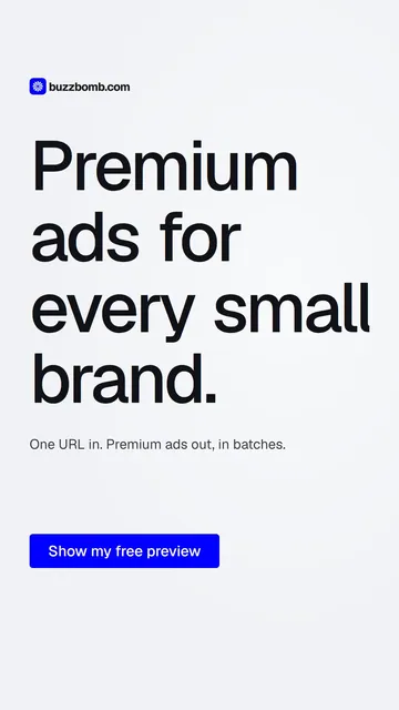 Video for BuzzBomb: "Premium ads for every small brand.". Doc motion loop, 8.0 s, light palette.