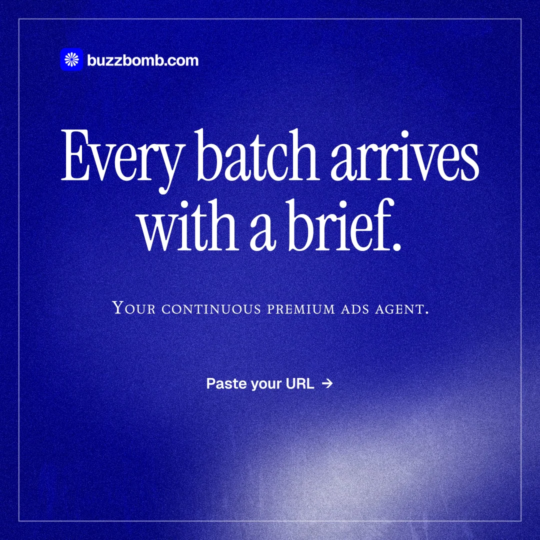 Instagram post for BuzzBomb: "Every batch arrives with a brief." Editorial style, smallcaps layout, dark palette in blue.