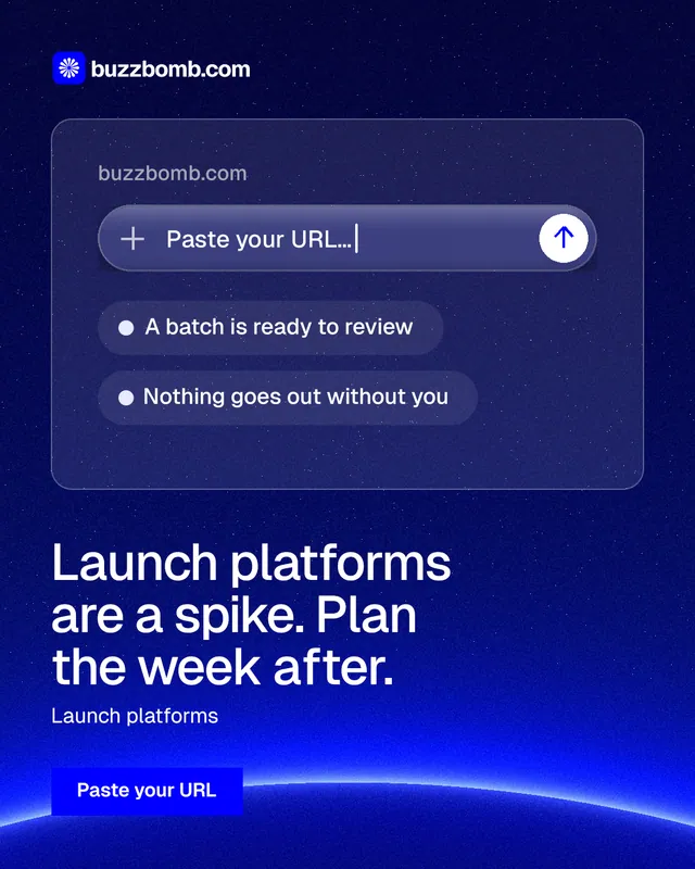 Instagram portrait post for BuzzBomb: "Launch platforms are a spike. Plan the week after." Swiss style, bottom layout, dark palette in blue.