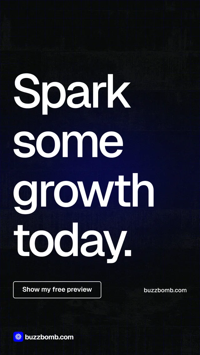 Instagram story for BuzzBomb: "Spark some growth today." Phosphor atlas style, poster layout, dark palette in black, grey.