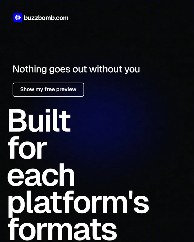 Instagram portrait post for BuzzBomb: "Built for each platform's formats." Phosphor atlas style, oversized layout, dark palette in black, grey.