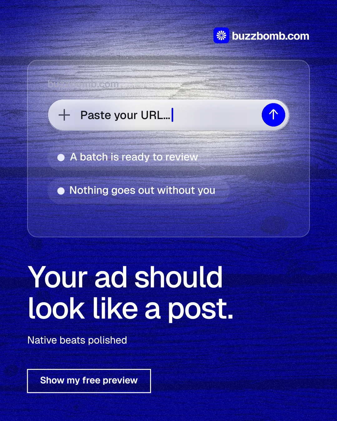 Instagram portrait post for BuzzBomb: "Your ad should look like a post." Cyanotype style, bottom layout, dark palette in blue.