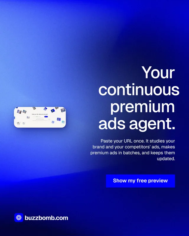 Instagram portrait post for BuzzBomb: "Your continuous premium ads agent." Swiss style, right layout, dark palette in blue.