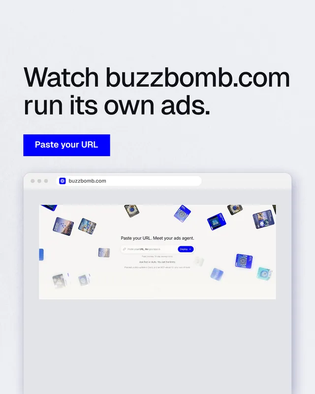 Instagram portrait post for BuzzBomb: "Watch buzzbomb.com run its own ads." Swiss style, browser layout, light palette in white, blue.