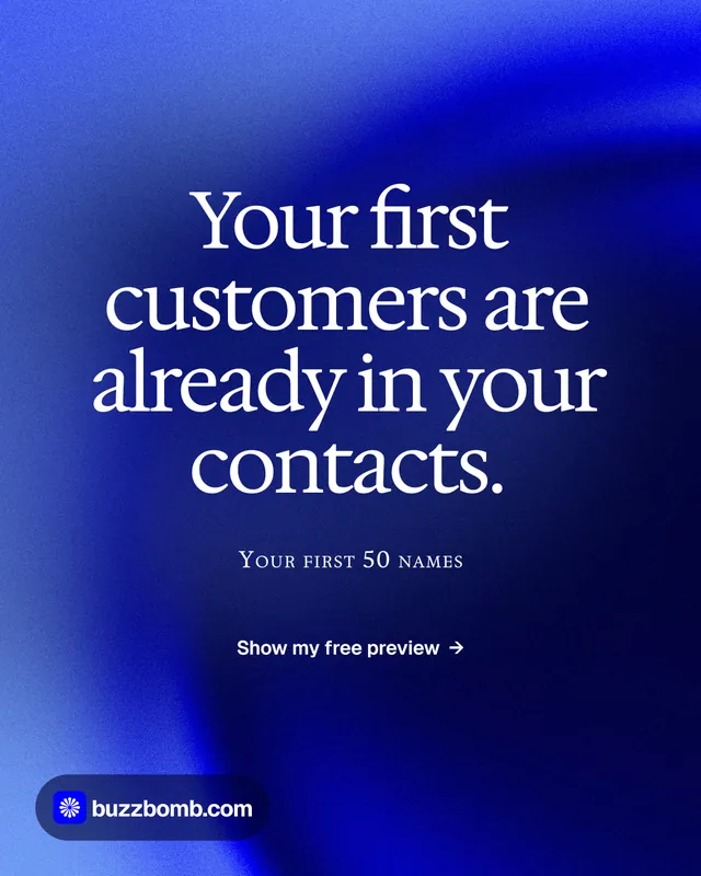 Instagram portrait post for BuzzBomb: "Your first customers are already in your contacts." Swiss style, smallcaps layout, dark palette in blue.