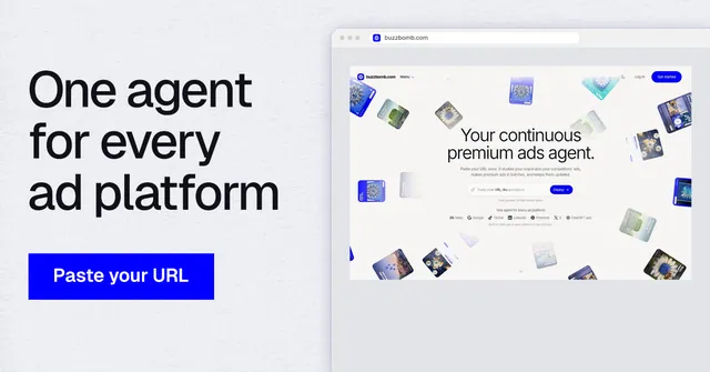 Social ad for BuzzBomb: "One agent for every ad platform". Swiss style, browser layout, light palette in white, blue.