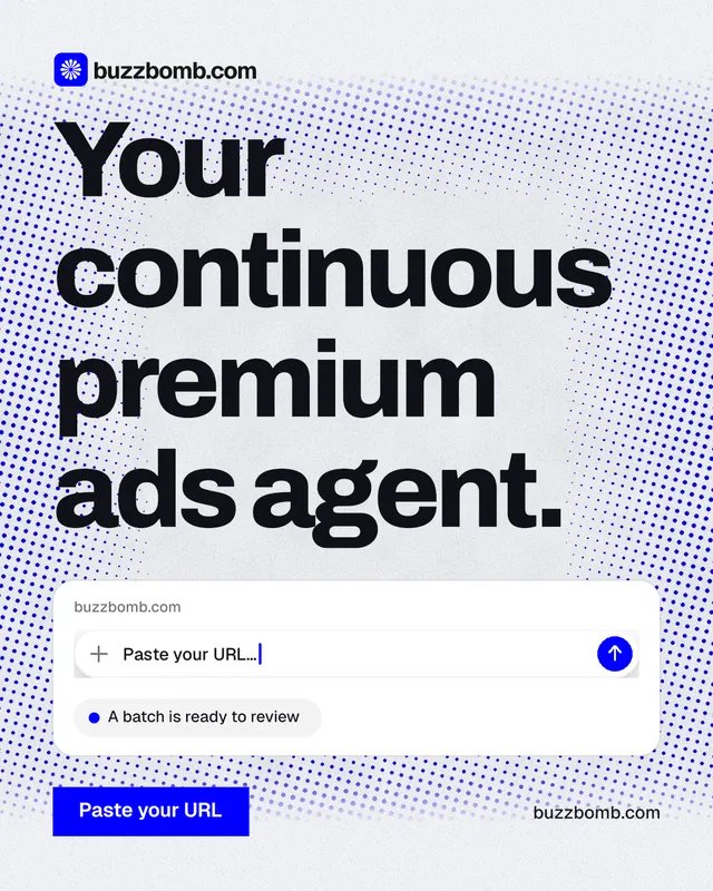 Instagram portrait post for BuzzBomb: "Your continuous premium ads agent." Swiss style, poster layout, light palette in blue, white, grey.