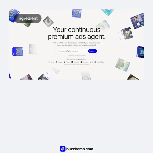 Video for BuzzBomb: "One agent for every ad platform". Before after wipe, 6.0 s, light palette.