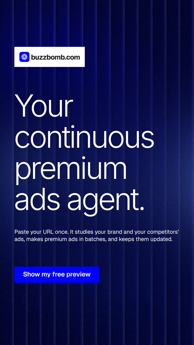 Instagram story for BuzzBomb: "Your continuous premium ads agent." Swiss style, announce layout, dark palette in black, blue, grey.