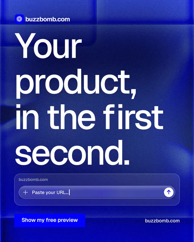 Instagram portrait post for BuzzBomb: "Your product, in the first second." Swiss style, poster layout, dark palette in blue.