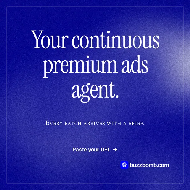 Instagram post for BuzzBomb: "Your continuous premium ads agent." Editorial style, smallcaps layout, dark palette in blue.
